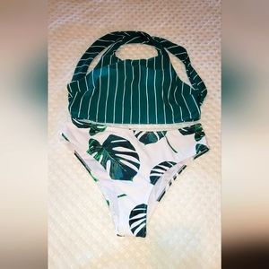 CupShe Teal Stripe & Leaf Print Bikini